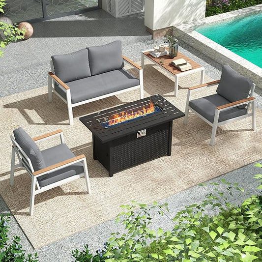 JOIVI Aluminum Outdoor Patio Furniture Set with 45” Fire Pit Table, 5 Pieces Patio Conversation Set with 50,000 BTU Propane Fire Pit, 4 Seats Outdoor Sectional Sofa Set with Coffee Table, White