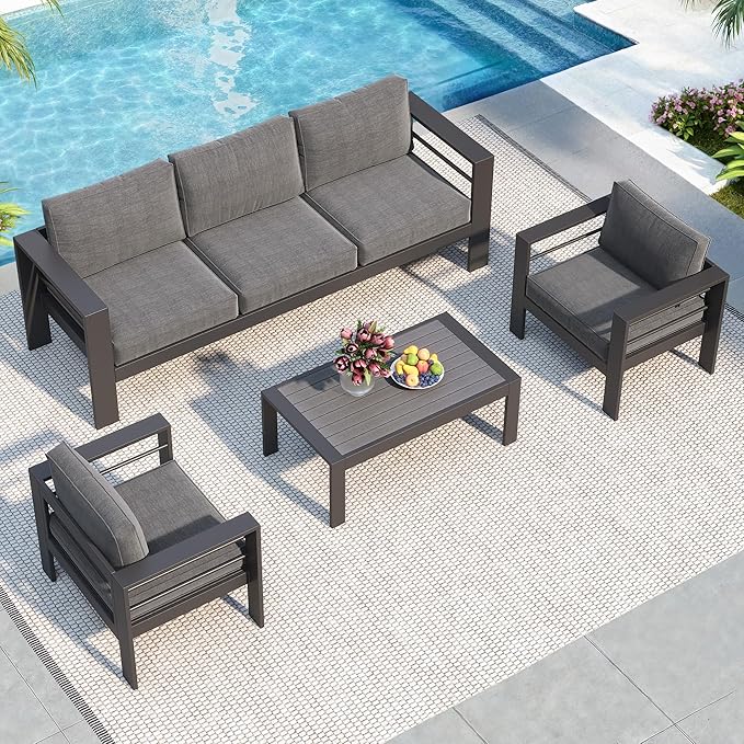 Solaste Aluminum Patio Furniture Set, 5 Seats Modern Outdoor Conversation Set Outdoor Furniture Set with Upgrade Cushion and Coffee Table,Dark Grey