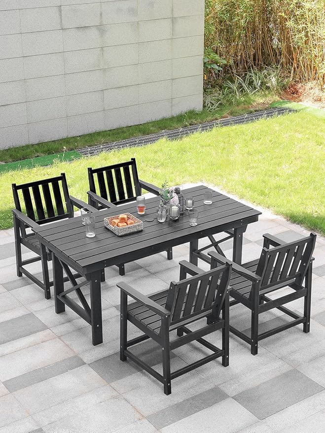 5-Piece HDPE Patio Dining Set, Outdoor Table and Chairs with Umbrella Hole, Modern Outdoor Dining Set for 4, HDPE Outdoor Patio Furniture Dining Sets for Deck, Poolside, Porch, Obsidian