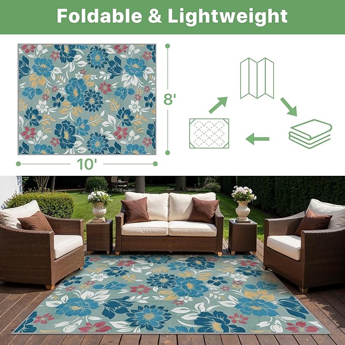 GENIMO Indoor Outdoor Area Rug 8' X 10' Waterproof, Washable Patio Rug Non Shedding, Easy Cleaning Floral Outdoor Carpet for Living Room, Bedroom, Dining Room, Balcony, Backyard, Deck, RV, Blue Grey