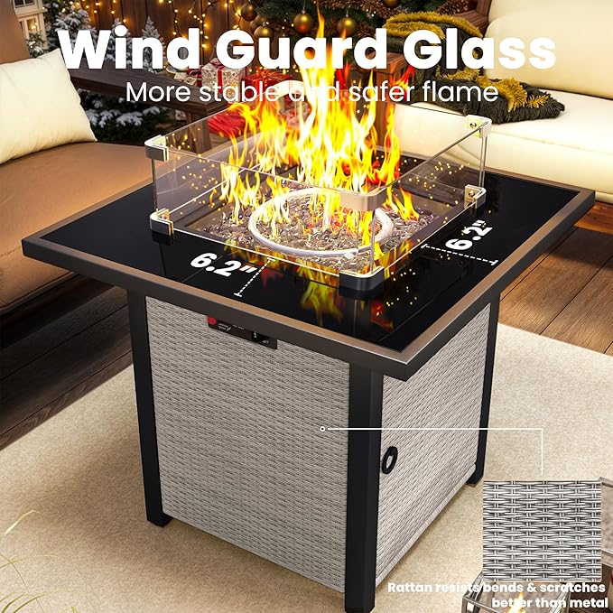 Propane Fire Pit Table, Outdoor Fire Pit Table, 28" Rattan Square Outdoor Gas Fire Pit with Glass Wind Guard, Tempered Glass Tabletop, Lid, CSA Listed, 50,000 BTU for Outside Patio Deck & Garden