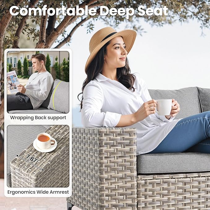 ovios 9 Pieces Patio Furniture Set Outdoor Sectional Sofa Couch with Fire Pit Table Rocking Swivel Chairs Deep Seat Chaise, Modern Modular Wicker Rattan Conversation Set, Dark Grey