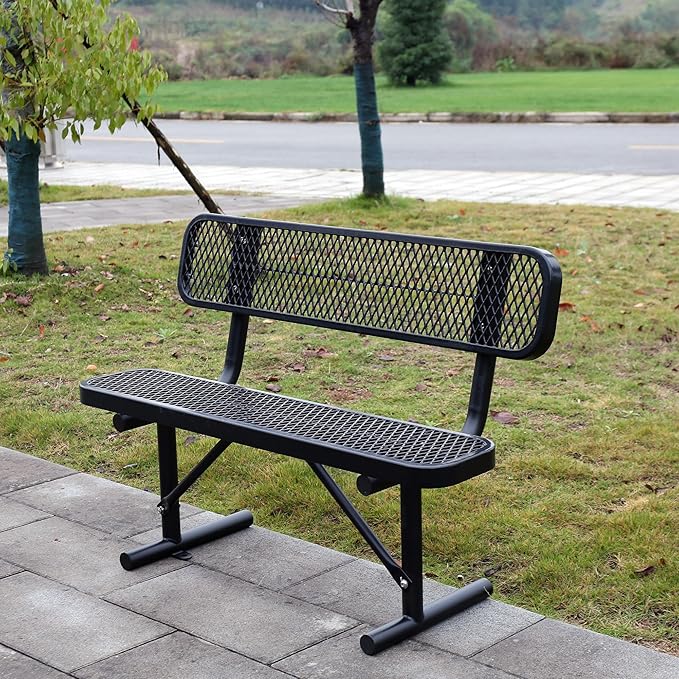 4 Feet Heavy Duty Metal Park Bench for Outside, Outdoor Bench with Backrest & Portable Frame, Commercial Benches for Shopping Malls, Stores, Parks, Patios, Decks, Black