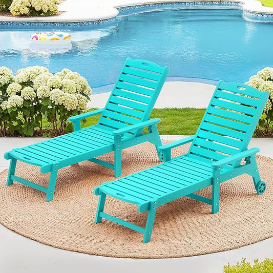 LUE BONA Outdoor Chaise Lounge Chairs Set of 2, HDPS Chaise Lounger, 5 Positions Adjustable Lounge Chairs, Pool Lounge Chair with Wheels for Poolside, 3 Year Warranty, Aruba Blue