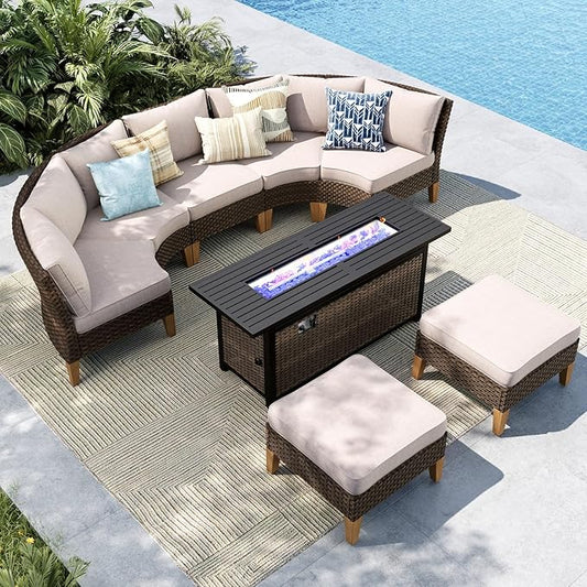 MFSTUDIO 8 Pieces Wicker Patio Furniture Set with 56" Fire Pit Table, Durable Rattan Outdoor Conversation Set Half-Moon Sectional Sofa, 4 x Curved Sofa, 1 x Armless Chair, 2 x Ottoman(Beige Cushion)