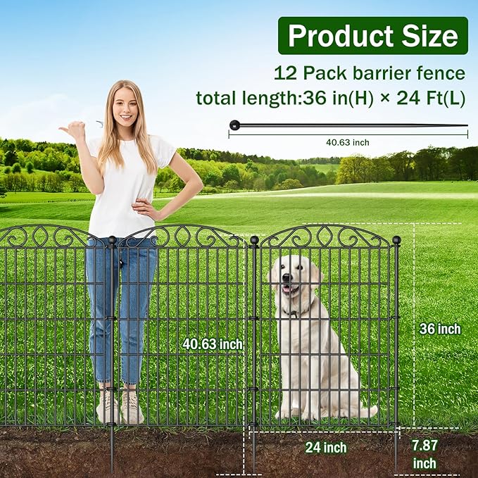 12 Panel Garden Fence with Gate - 36in H x 24ft L, No Dig Rustproof Metal Tall Animal Barrier for Dogs Rabbits, Decorative Outdoor Border for Yard, Patio, and Flower Beds