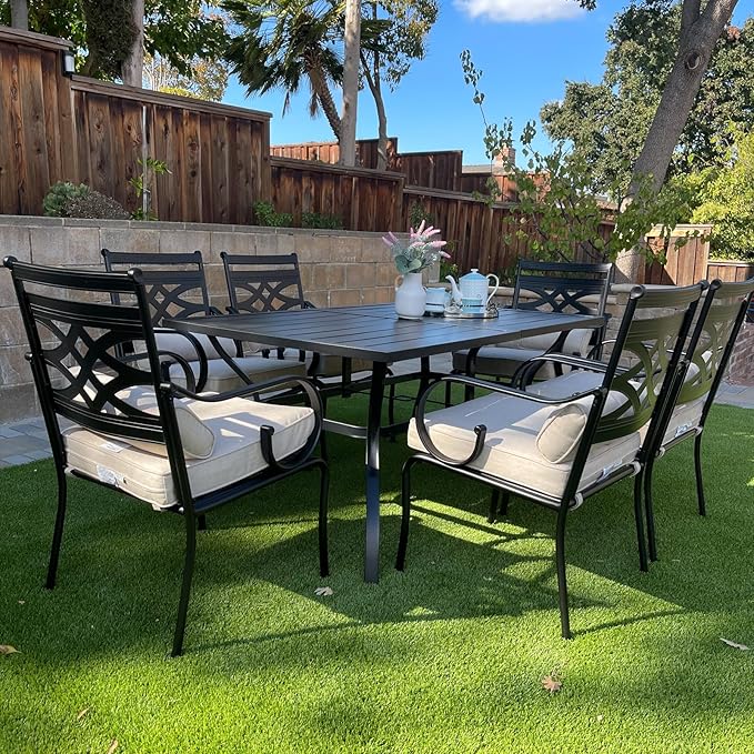 MFSTUDIO Patio Table and Chairs Set of 6, Patio Dining Sets for 6 Persons, Outdoor Dining Set with Umbrella Hole,Patio Furniture Set for Deck Backyard Garden