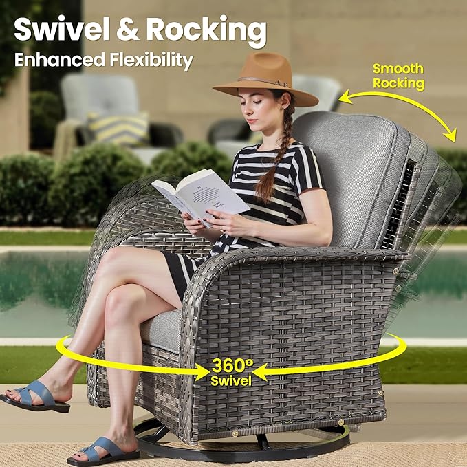 ovios 3 Pieces Patio Furniture Set, Outdoor Rocking Chairs of 2, Wicker Swivel Glider Chairs with Side Table Thick Cushions, All Weather Rattan Bistro Set for Porch, Dark Grey