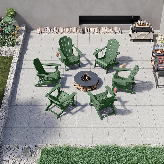 Folding Adirondack Chair Set of 4, HDPE All-Weather Patio Chairs for Outdoor, Patio, Lawn, Garden, Backyard Deck, Fire Pit - Dark Green