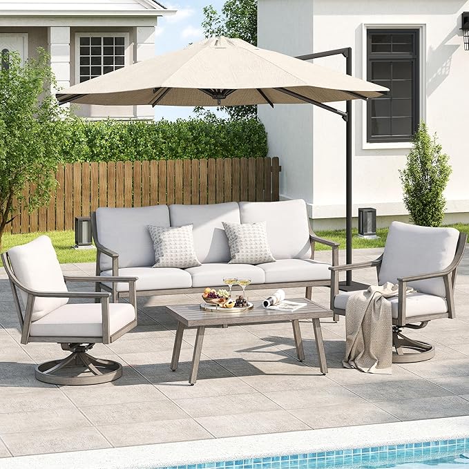 Patio Conversation Sets 4 Pieces - Aluminum 3 Seater Sofa Outdoor Furniture Sets with Thick Cushion, Coffee Table and Swivel Chairs Set of 2, Rustproof and Waterproof for Porch Deck Yard, Grey