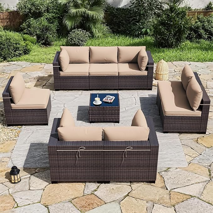 ALAULM Patio Furniture Set with Coffee Table, 9 Pieces Outdoor Sectional with Wide Seat and Thick Cushion, All Weather Wicker Rattan Conversation Set for Backyard, Garden, Deck, Sand