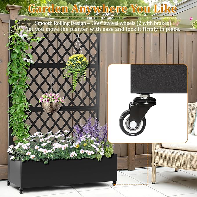 Metal Planter Box with Trellis, Heavy-Duty Raised Garden Bed for Climbing Plants, Drainage Hole, Outdoor Planter Box with Privacy Screen，47''L×16''W×71''H