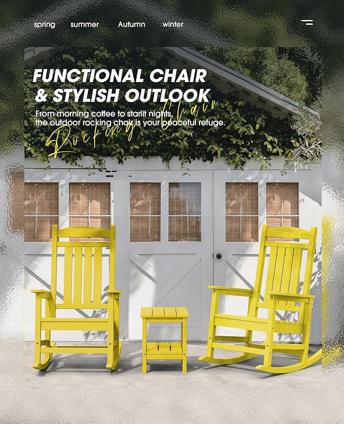 KINGYES HDPE Outdoor Rocking Chair Set of 4, All-Weather Poly Patio Rocking Chairs with 330lbs Support for Adults, Yellow