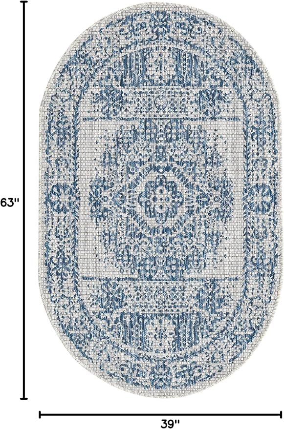 Unique Loom Outdoor Traditional Collection Area Rug - Timeworn (3' 3" x 5' 3" Oval, Blue/ Gray)