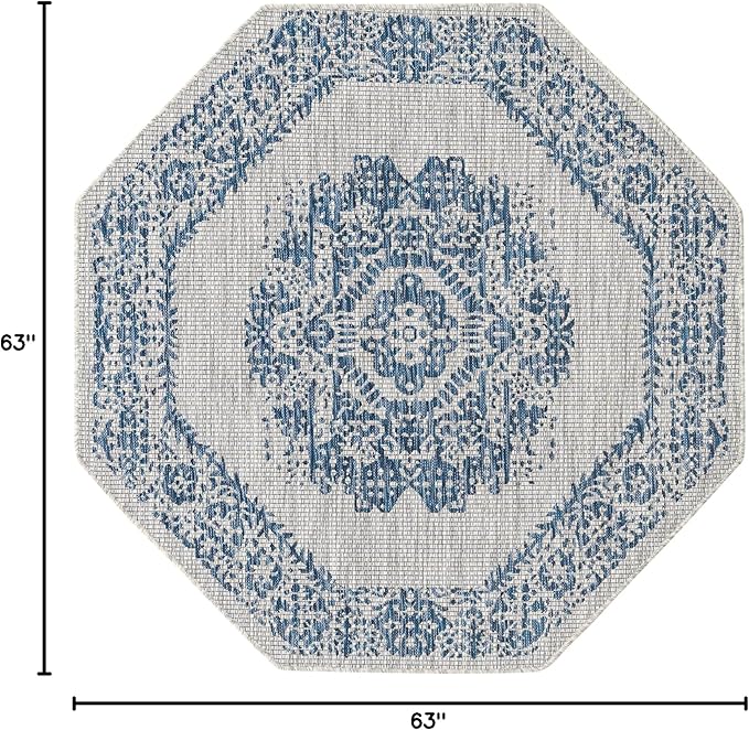 Unique Loom Outdoor Traditional Collection Area Rug - Timeworn (5' 3" Octagon, Blue/ Gray)