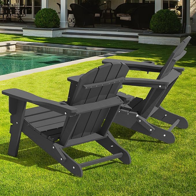 LOUNZY Folding Adirondack Chair Set of 2, HDPE All-Weather Folding Patio Chair with Cup Holders, Outdoor Patio Adirondack Chair for Deck Lawn Fire Pit, Gray