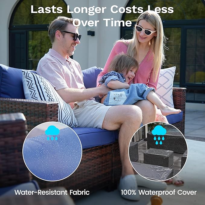 UDPATIO Patio Furniture Set, Wide Armrest Outdoor Furniture Set with 4" Non-Slip Cushions, Wicker Conversation Sofa with Ottomans and Waterprool Covers, for Backyard Porch, Navy