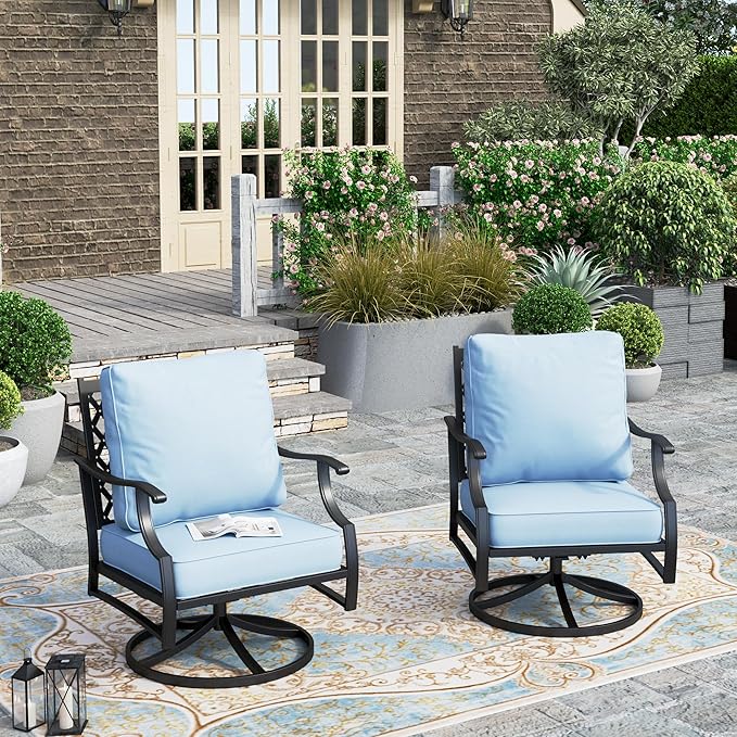 HERA'S HOUSE Outdoor Chairs Set of 2, 2 x Patio Chair with Blue Cushions, All Weather Outdoor Furniture for Lawn Garden Backyard Deck(Swivel Chairs)