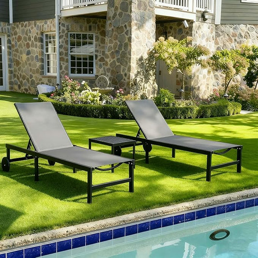 PURPLE LEAF Outdoor Chaise Lounge Chairs Set Recliner Aluminum Adjustable Chair with Wheels and Table for Poolside Beach Patio Reclining Sunbathing Lounger, Grey