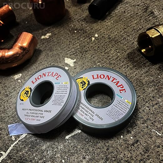PROCURU Liontape G701 2-Pack 1/2" x 1200" (100-Ft) Heavy Duty Professional Teflon Tape, for Water/Oil/Gas, 4-Mil, High Density, Up to 12000 psi, Grey