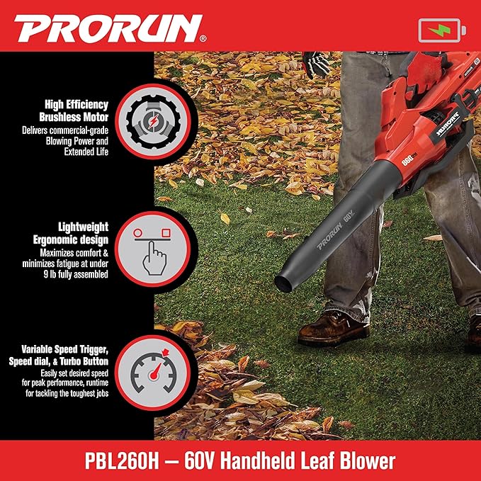 PRORUN 60V 810 CFM 190 MPH Cordless Handheld Leaf Blower with 5.0 Ah Battery and Charger