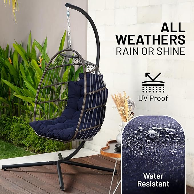 SereneLife Deep Blue Foldable Hanging Egg Chair with Stand Rattan Wicker Outdoor Indoor Swing Seat Waterproof Cushion & Headrest Heavy Duty Steel Frame 350 lb Capacity Hammock for Patio Porch Garden