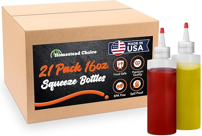 Made in USA 21 pack Plastic Squeeze Bottles for Sauces - 16oz Condiment Squeeze Bottles for Liquids - BPA Free Squirt Bottles with Cap - Ketchup, Syrup, Oil, Dressings, Honey & Arts and Crafts