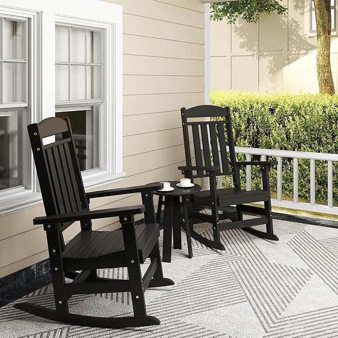 Outdoor Rocking Chairs, Oversized High Back Patio Rocking Chairs, All Weather Porch Rocking Chairs for Outside.Black