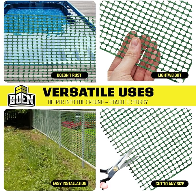 BOEN 4' x 50' Green Temporary Fencing, Mesh Snow Fence, Plastic, Safety Garden Netting, Above Ground Barrier, for Deer, Kids, Swimming Pool, Silt, Lawn, Rabbits, Poultry, Dogs