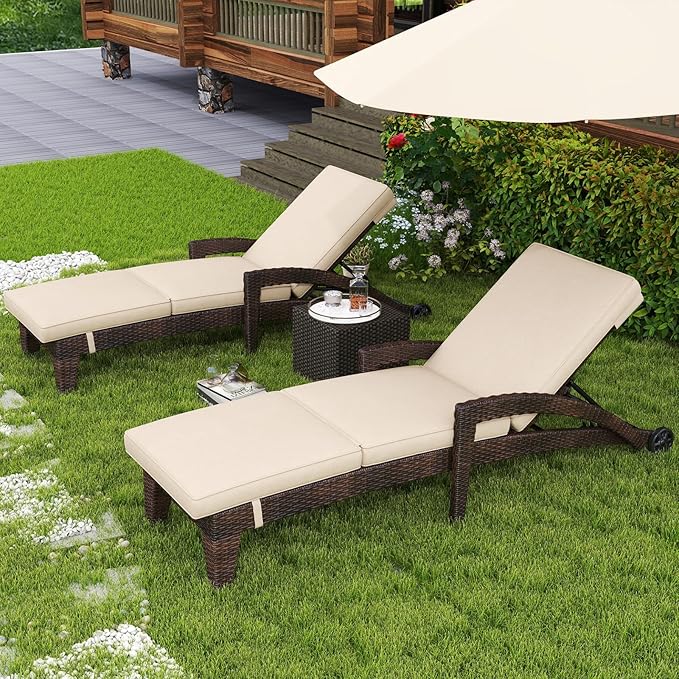 Patio Chaise Lounge Set of 6, Wicker Lounge Chairs Outdoor with Wheels, Heavy Duty Lounger Chair Outdoor, Wicker Chaise Lounges with Armrests All Weather, Khaki