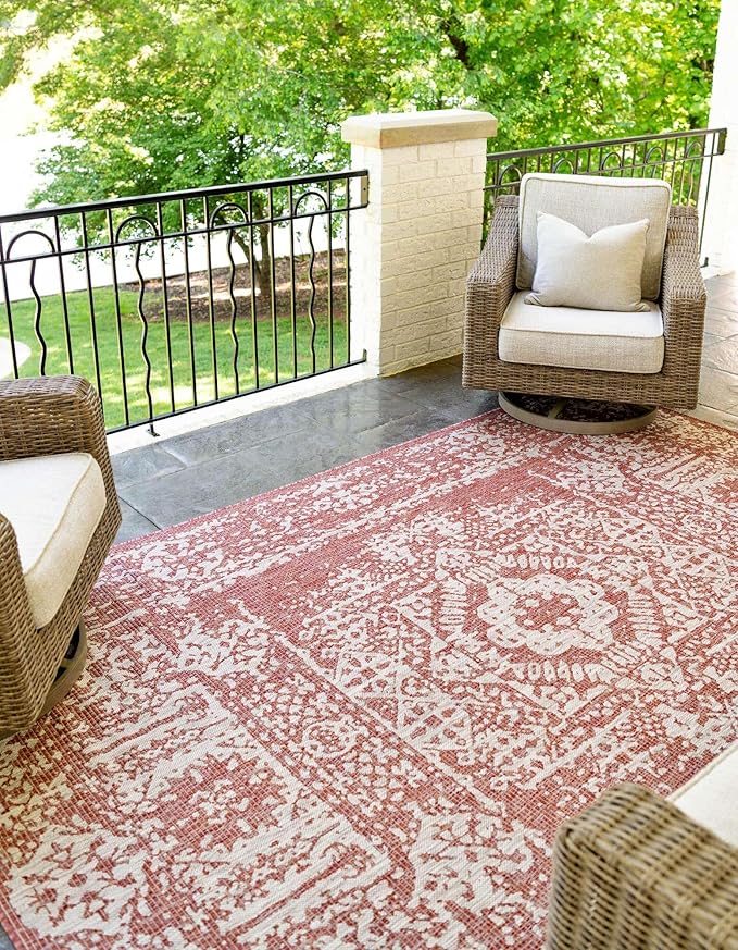 Unique Loom Outdoor Traditional Collection Area Rug - Timeworn (2' x 3' 1" Rectangle Rust Red/Gray)