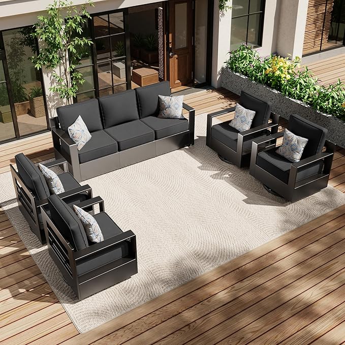 Aluminum Outdoor Conversation Furniture Set - All Weather Patio 79" Sofa with 4 Swivel Rocker Chairs, 6" Water-Resistant Cushions & Furniture Covers & Metal Armrest for Backyard (Grey)