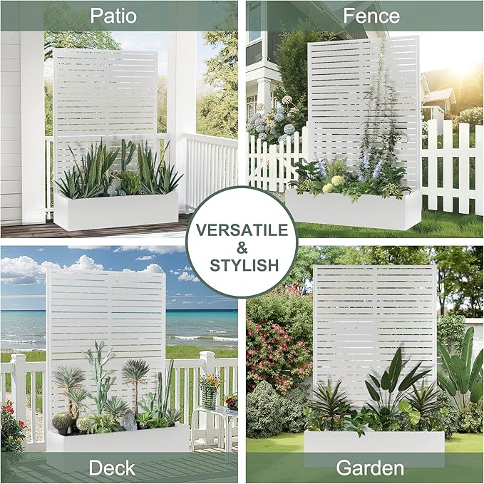 Metal Planter Box with Trellis Privacy Screen, Large Raised Garden Beds with Trellis for Climbing Plants, Flowers, Privacy Planters with Drainage Holes for Patio (47" L, White Blinds)