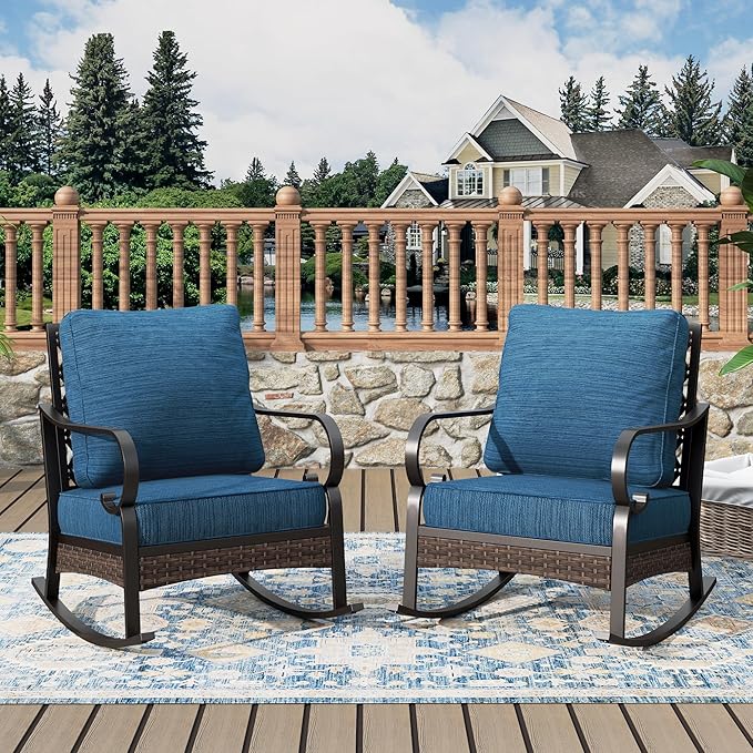 Outdoor Patio Rocking Sofa Chairs Set of 2 Steel Frame Porch Furniture with Deep Seating and 5.75" Cushions for Lawn Backyard Deck, Peacock Blue