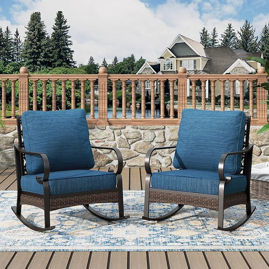 Outdoor Patio Rocking Sofa Chairs Set of 2 Steel Frame Porch Furniture with Deep Seating and 5.75" Cushions for Lawn Backyard Deck, Peacock Blue