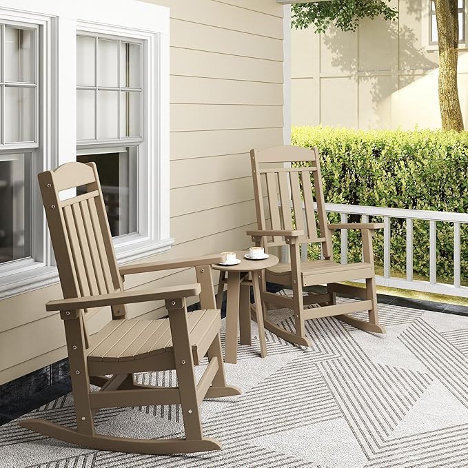 Outdoor Rocking Chairs Set of 4, Oversized High Back Patio Rocking Chairs, All Weather Porch Rocking Chairs for Outside. Brown