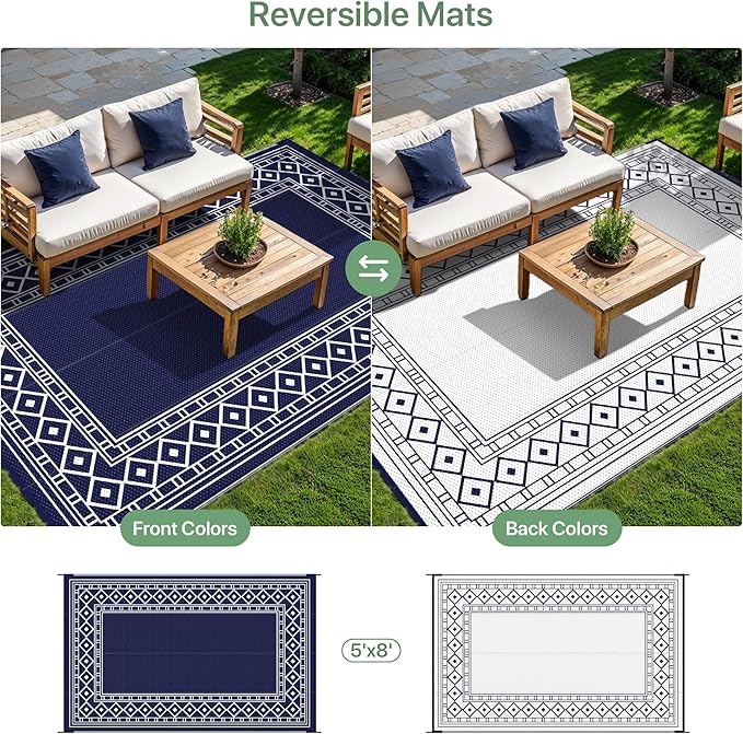 GENIMO Outdoor Rug Waterproof for Patio Decor, 5'x8' Reversible Plastic Straw Rug Carpet, Camping Mats for Outdoor, RV, Backyard, Deck, Balcony, Picnic, Blue & White