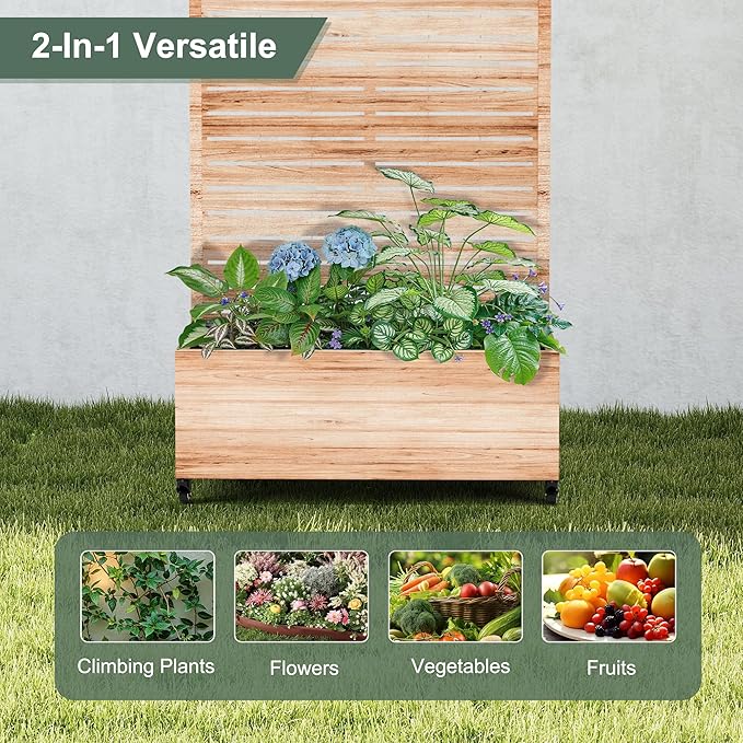 Large Metal Planter Box with Trellis and Wheels for Climbing Plants, Flower Garden Beds with Privacy Screen & Drainage Holes for Patio (35" L, Square White Wood Grain)
