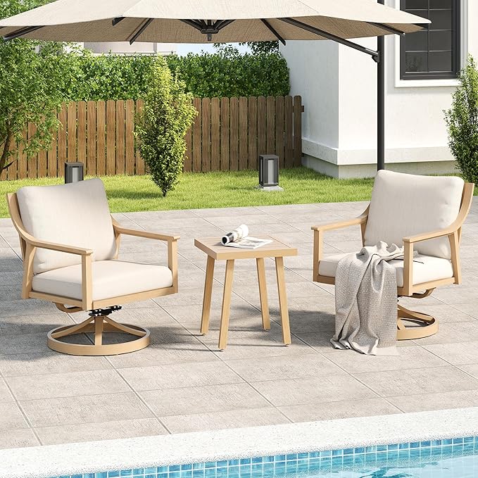 3-Piece Patio Conversation Bistro Sets, Outdoor Aluminum Bistro Sets with Thick Cushion, Modern Side Table and Swivel Chairs Set of 2, Rustproof and Waterproof for Porch Deck Garden, Beige