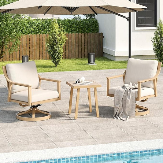 3-Piece Patio Conversation Bistro Sets, Outdoor Aluminum Bistro Sets with Thick Cushion, Modern Side Table and Swivel Chairs Set of 2, Rustproof and Waterproof for Porch Deck Garden, Beige