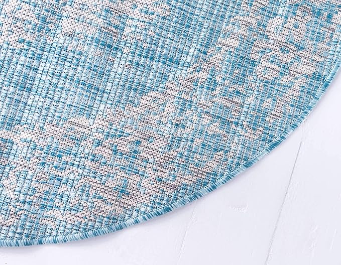 Unique Loom Outdoor Traditional Collection Area Rug - Timeworn (4' 1" Round, Light Aqua/ Gray)