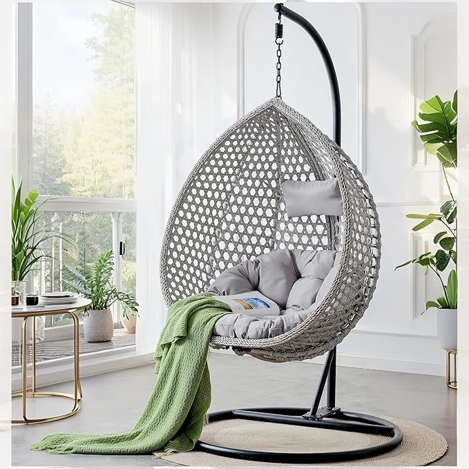 Hanging Egg Chair with Stand, Egg Swing Chair with Stand Indoor Outdoor,Grey Wicker Swing Egg Chair for Adults, Hammock Chair with Comfortable Cushion and Stable Round Metal Base for Bedroom Patio