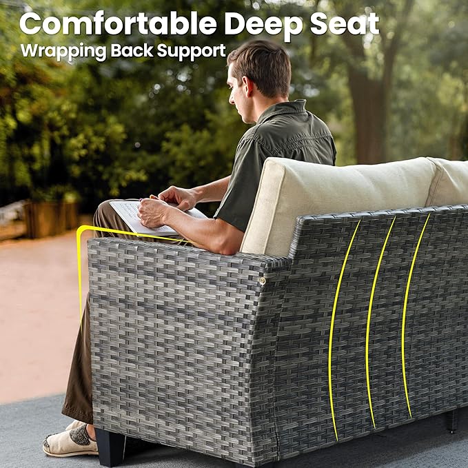 ovios 8 Pieces Patio Furniture Set, Outdoor Wicker Sofa Couch with Rocking Swivel Chairs Solar Lights Table, Modern Deep Seat Rattan Conversation Sets for Porch Deck, Beige