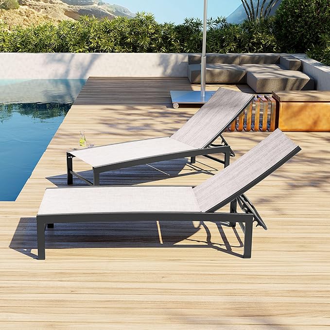 Patio Aluminum Chaise Lounge Chair, Set of 2 Outdoor Recliner Lounge Chair Sun Loungers, All Weather Chaise with 5 Adjustable Backrest and Lay Flat Positions for Garden, Balcony, Pool, Earth