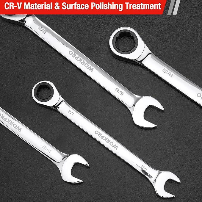 WORKPRO 7-Piece Ratcheting Combination Wrench Set, 72 Teeth, Cr-V Constructed, Combo Ratchet Wrenches Set with Roll Up Pouch, SAE 5/16"-11/16"