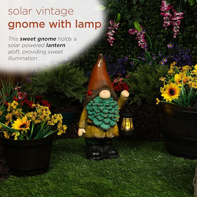Alpine Corporation MCC856SLR Solar Vintage Gnome Holding Lamp w/Orange Hat, Whimsical Décor for Patio, Lawn & Garden, 20" H