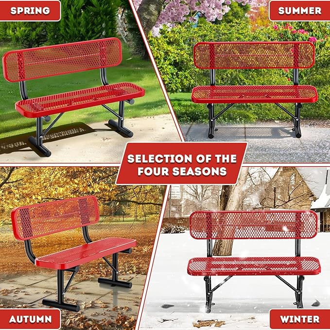 Heavy Duty Park Bench for Outside, Metal Park Bench with Back Portable Frame, Outdoor Steel Mesh Garden Bench with Backrest for Garden, Lawn, Patio, Porch, Park, Yard (Red, 4FT/50INCH)