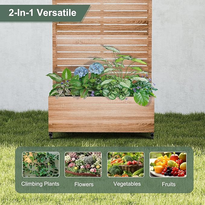 Metal Planter Box with Trellis Privacy Screen, Outdoor Raised Garden Beds with Wheels & Drainage Holes (35" L, Brown Oak Grain)