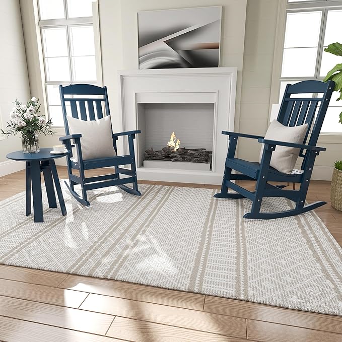 Outdoor Rocking Chairs Set of 6, Oversized High Back Patio Rocking Chairs, All Weather Porch Rocking Chairs for Outside. Navy Blue