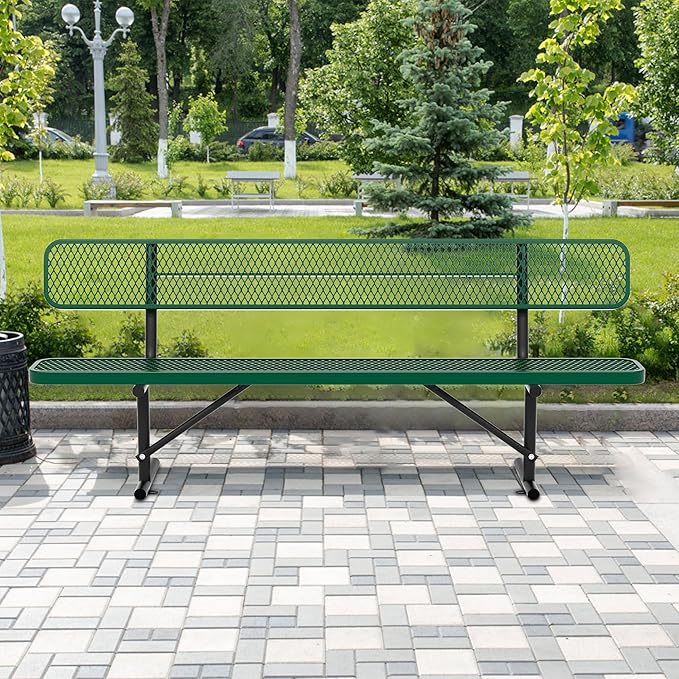 8 Ft Metal Park Bench for Outside, All-Weather Thermoplastic Coating Outdoor Bench with Backrest, Commercial Heavy Duty Benches for Shopping Malls, Stores, Parks, Patios, Decks, Green